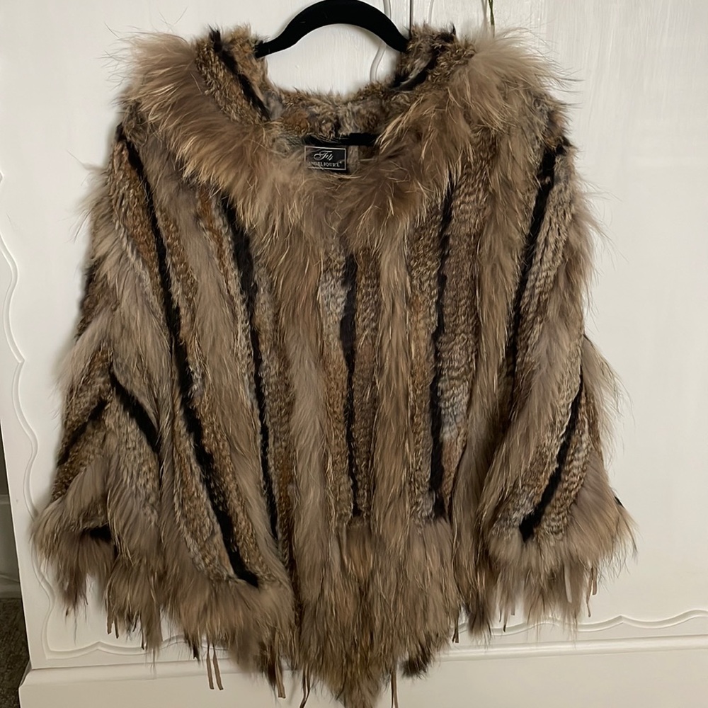 Vintage Swedish Hooded Bunny multicolored Fur poncho.